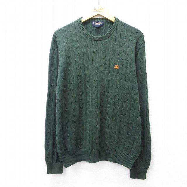 XL★古着 ブルックスブラザーズ 長袖 ブランド ケーブル セーター メンズ ワンポイントロゴ コットン クルーネック 緑 25nov11