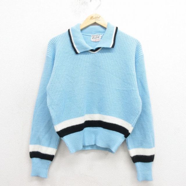 M★古着 長袖 セーター メンズ 70年代 70s 襟付き アクリル 水色 25nov12