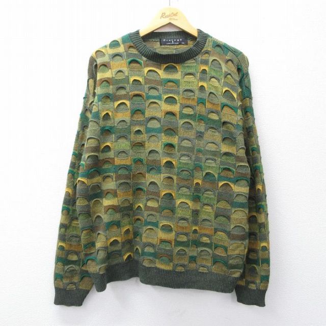 XL★古着 長袖 セーター メンズ 90年代 90s 3Dニット アクリル クルーネック USA製 緑他【spe】 25nov13