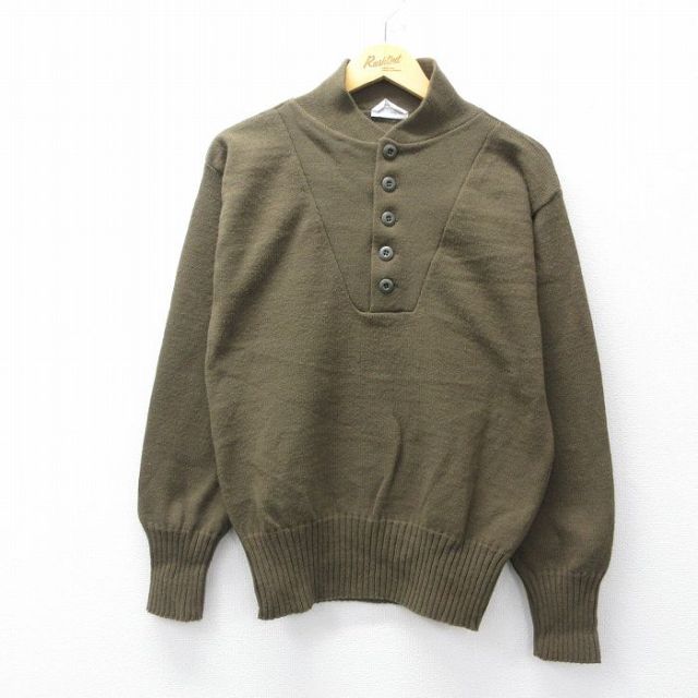 S★古着 長袖 セーター メンズ 90年代 90s ミリタリー アクリル ヘンリーネック USA製 濃緑系 25nov13