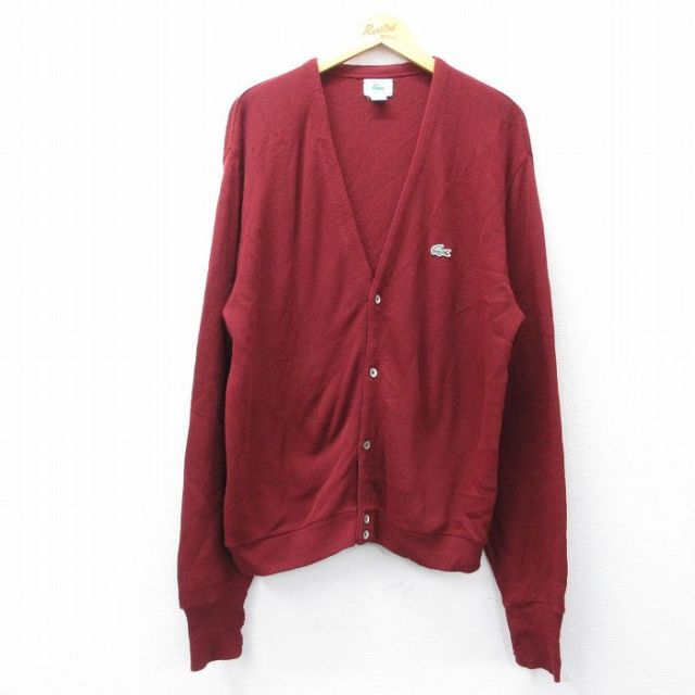 XL★古着 ラコステ LACOSTE IZOD 長袖 ニット カーディガン 90年代 90s ワンポイントロゴ アクリル USA製 エンジ 25nov13