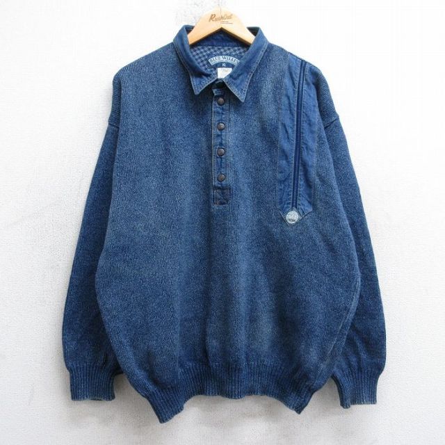 XL★古着 長袖 セーター メンズ 00年代 00s BLUE WILLIS 襟デニム インディゴ染め コットン 紺 25nov13