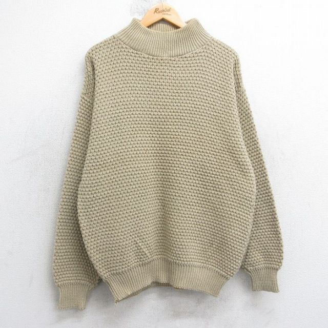 L★古着 長袖 セーター メンズ 90年代 90s コットン モックネック ハイネック USA製 ベージュ 25nov13
