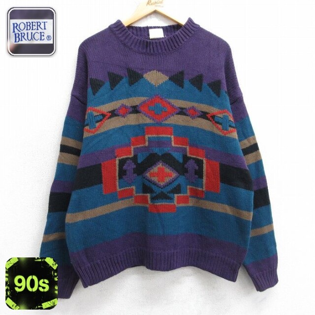 90s 長袖セーター ネイティブ柄 パープル L | 古着