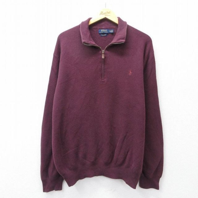 XL★古着 ラルフローレン 長袖 ブランド ハーフジップ セーター メンズ ワンポイントロゴ 大きいサイズ コットン エンジ 25nov14