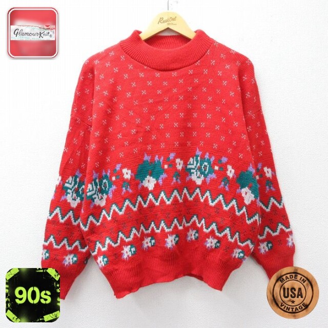 90s 長袖セーター 雪柄 レッド XL | 古着