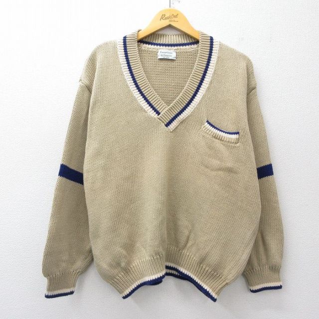 【20%OFF】XL★古着 ベネトン 長袖 セーター メンズ 80年代 80s コットン Vネック イタリア製 ベージュ【spe】 25nov14