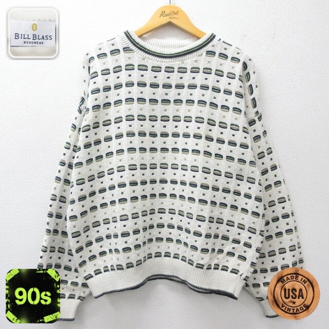 【50%OFF】90s 長袖セーター 総柄 ホワイト XL | 古着