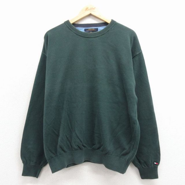 XL★古着 トミーヒルフィガー 長袖 ブランド セーター メンズ 90年代 90s ワンポイントロゴ コットン クルーネック 緑 25nov17