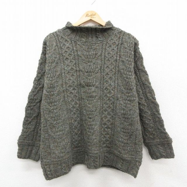 【50%OFF】アランフィッシャーマン 90s ケーブルセーター モックネック ダークグリーン L | 古着