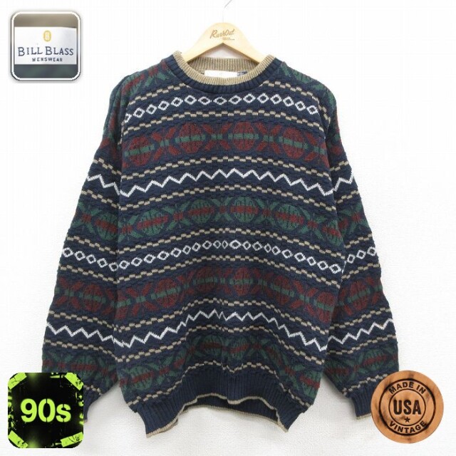 【50%OFF】90s 長袖セーター 手織り ネイビー L | 古着