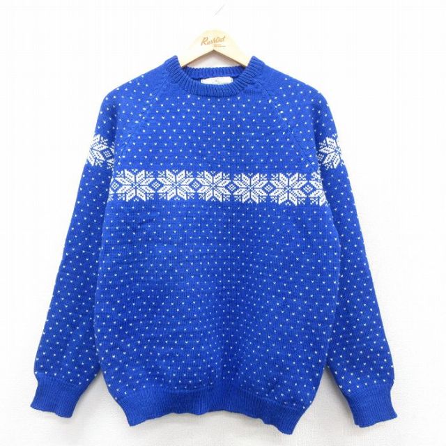 M★古着 長袖 ノルディック セーター メンズ 90年代 90s 雪柄 バーズアイ ラグラン 手織り ウール クルーネック 青 25nov18
