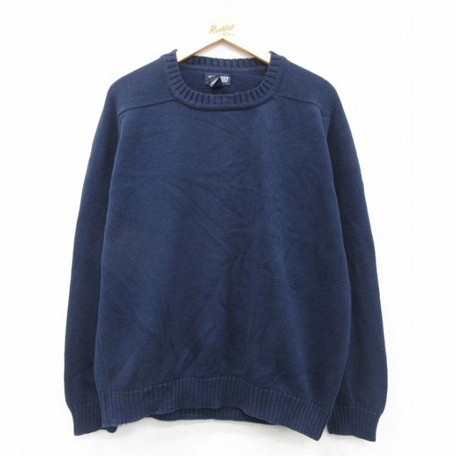 XL★古着 ランズエンド 長袖 セーター メンズ 90年代 90s コットン クルーネック USA製 紺【spe】 25nov19