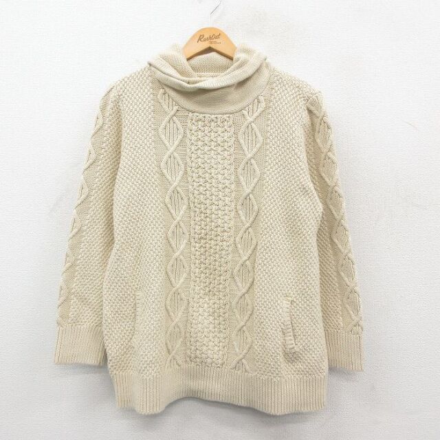 XL★古着 エルエルビーン 長袖 ケーブル セーター メンズ コットン タートルネック ハイネック 生成り 25nov22