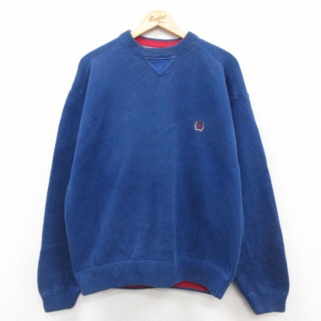 XL★古着 トミーヒルフィガー 長袖 ブランド セーター メンズ 90年代 90s ワンポイントロゴ コットン クルーネック 紺 25nov22