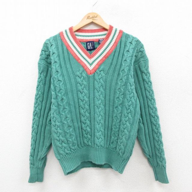 M★古着 ギャップ GAP 長袖 ケーブル チルデン セーター メンズ 90年代 90s コットン Vネック 青緑他【spe】 25nov25
