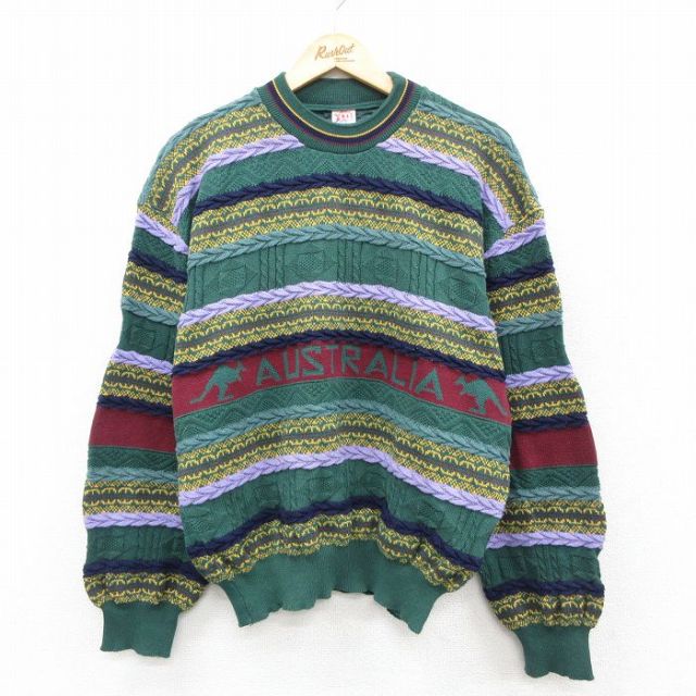 【20%OFF】XL★古着 長袖 ケーブル セーター メンズ 90年代 90s クルーネック オーストラリア製 緑他【spe】 25nov28