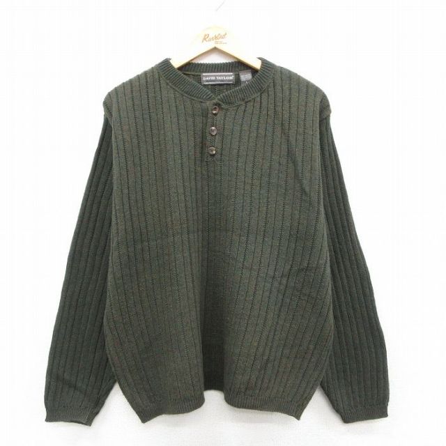 XL★古着 長袖 セーター メンズ 90年代 90s 無地 手織り クルーネック USA製 緑系 霜降り 25nov28