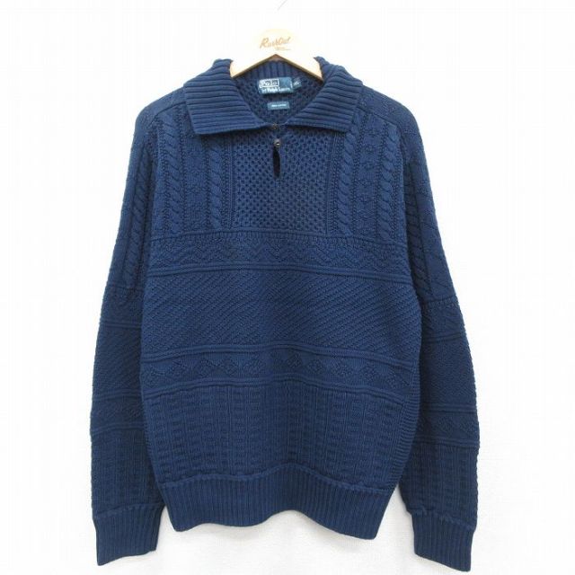 L★古着 ラルフローレン 長袖 ブランド ケーブル セーター メンズ 90年代 90s コットン 紺【spe】 25nov28