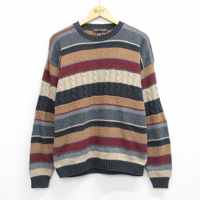 【20%OFF】L★古着 長袖 セーター メンズ 90年代 90s クルーネック  USA製 濃グレー他 ボーダー 25nov26