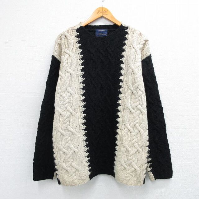 XL★古着 長袖 ケーブル セーター メンズ 00年代 00s 手編み ハンドニット シェットランドウール クルーネック 白他【spe】 25nov27