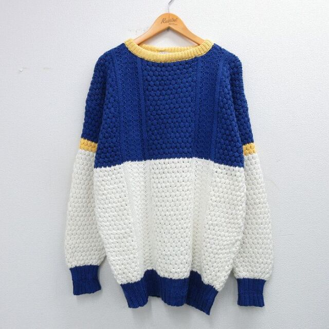 【20%OFF】XL★古着 長袖 セーター メンズ 90年代 90s 手織り マルチカラー コットン クルーネック アイルランド製 青他【spe】 25nov27