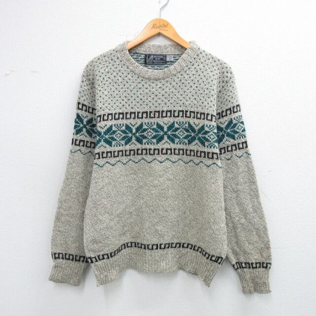 M★古着 長袖 ノルディック セーター メンズ 90年代 90s 雪柄 ウール クルーネック USA製 薄グレー系他 25nov27