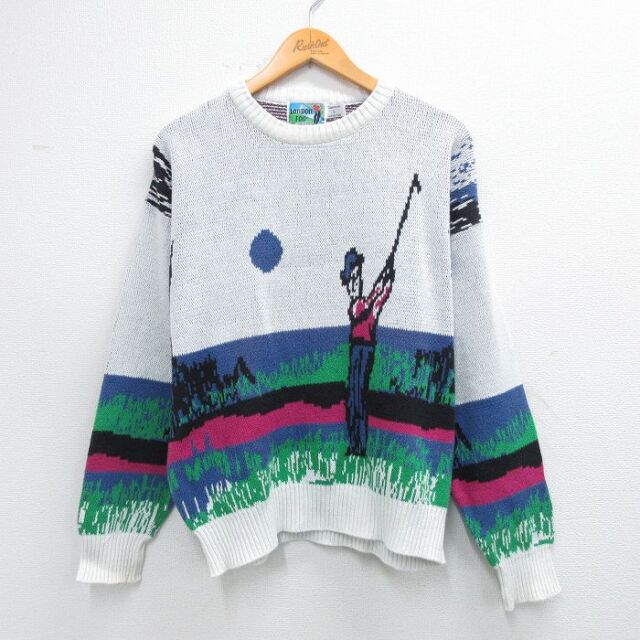 【20%OFF】L★古着 ロンドンフォグ 長袖 セーター メンズ 90年代 90s ゴルフ コットン クルーネック USA製 白他 25nov27