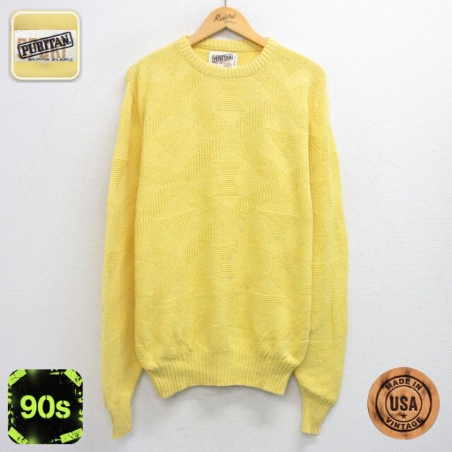 【50%OFF】ピューリタン 90s 長袖セーター 総柄 イエロー L | 古着