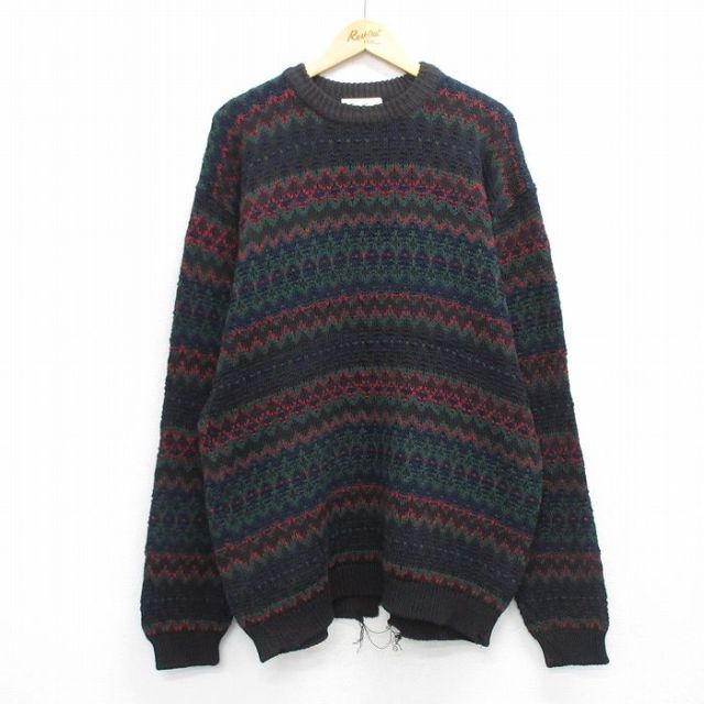 【20%OFF】L★古着 エディーバウアー 長袖 セーター メンズ 90年代 90s 総柄 コットン クルーネック USA製 黒他 25nov29