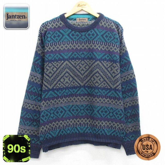 【50%OFF】ジャンセン 90s 長袖セーター 総柄 ネイビー L | 古着