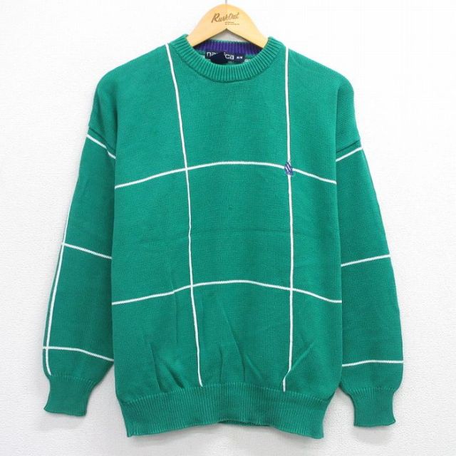 【50%OFF】ノーティカ 90s 長袖セーター ワンポイントロゴ グリーンチェック L | 古着