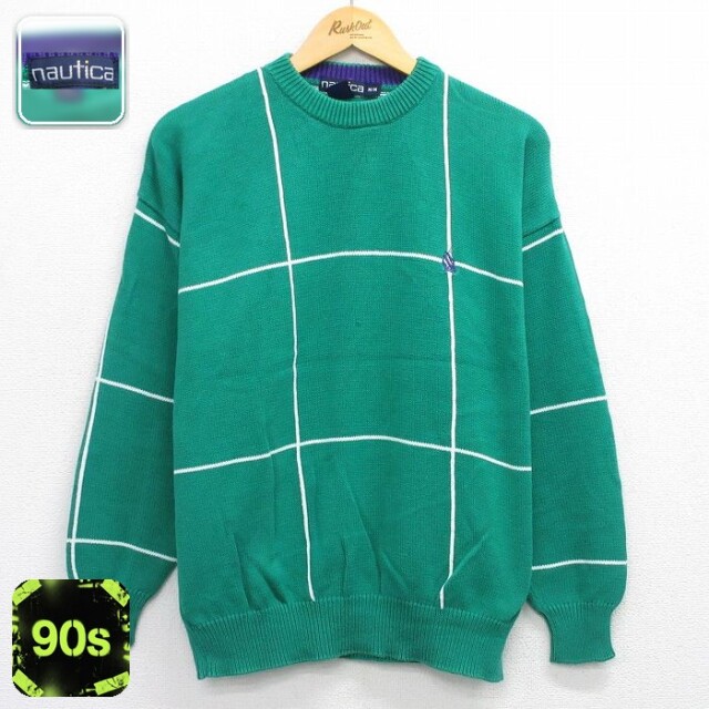 ノーティカ 90s 長袖セーター ワンポイントロゴ グリーンチェック L | 古着