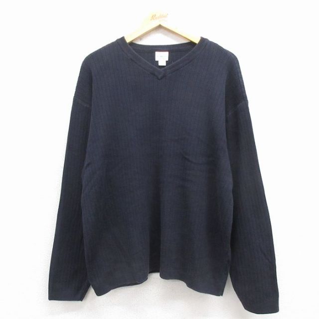 XL★古着 カルバンクライン 長袖 セーター メンズ 無地 コットン Vネック 黒 25nov29