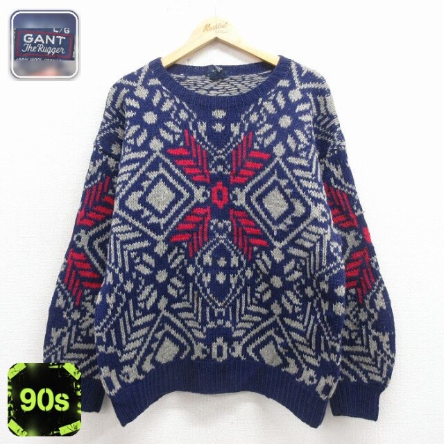 【50%OFF】GANT 90s 長袖セーター 雪柄 ネイビー メンズM相当 | 古着