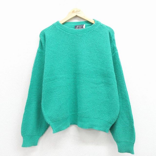 【20%OFF】L★古着 長袖 セーター メンズ 90年代 90s 無地 コットン USA製 青緑 25dec01