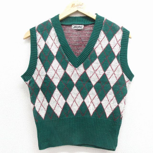 S★古着 ニット ベスト メンズ 80年代 80s アーガイル USA製 緑他 25dec01