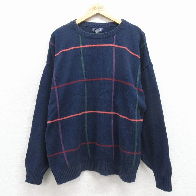 XL★古着 ランズエンド 長袖 セーター メンズ 90年代 90s コットン クルーネック USA製 紺他【spe】 25dec01