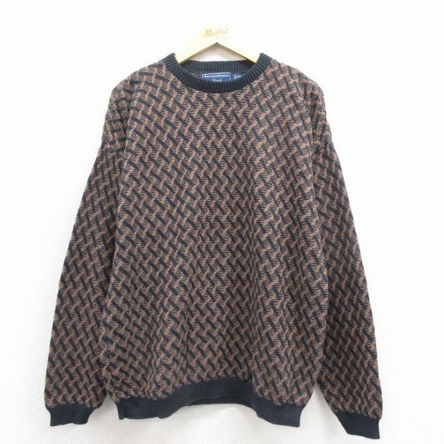 XL★古着 長袖 セーター メンズ 90年代 90s コットン クルーネック USA製 茶他 25dec01