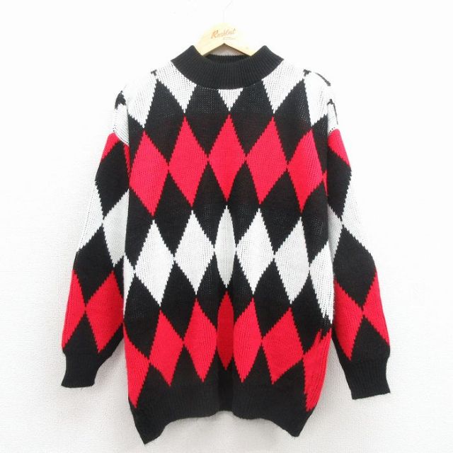 【20%OFF】L★古着 長袖 セーター メンズ 90年代 90s ダイヤ柄 アクリル モックネック ハイネック USA製 黒他 25dec01