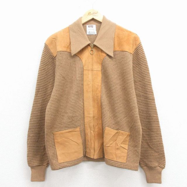 【20%OFF】M★古着 モンゴメリーワード 長袖 フルジップ ニット カーディガン メンズ スエード使用 アクリル 茶 25dec02