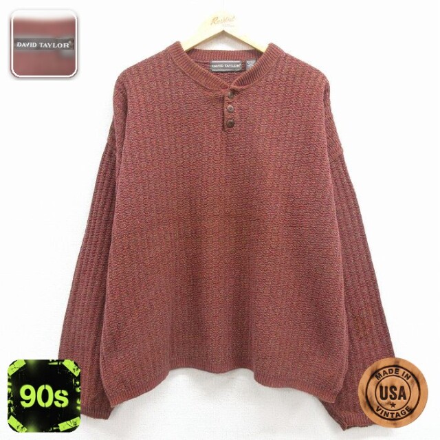 【50%OFF】90s 長袖セーター 手織り バーガンディ XL | 古着