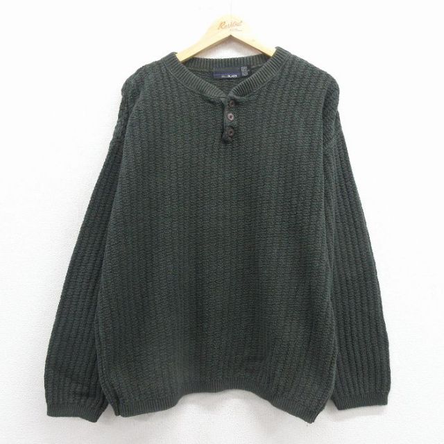 XL★古着 長袖 セーター メンズ 90年代 90s 無地 ヘンリーネック USA製 濃緑 25dec02