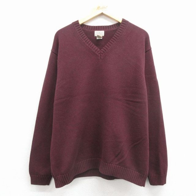 XL★古着 エルエルビーン 長袖 セーター メンズ 00年代 00s 無地 コットン Vネック エンジ 25dec02