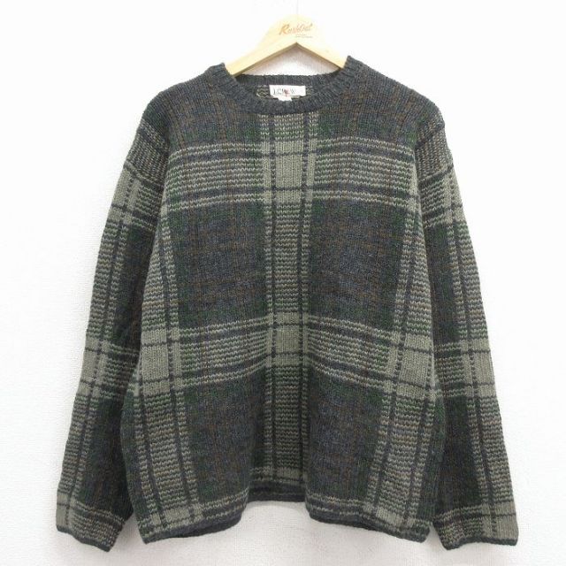 L★古着 ジェイクルー 長袖 セーター メンズ 90年代 90s ウール クルーネック 薄緑他 チェック 25dec02