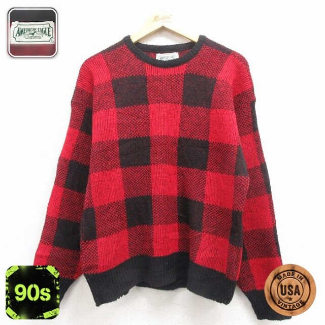 【50%OFF】アメリカンイーグル 90s 長袖セーター チェック レッド M | 古着