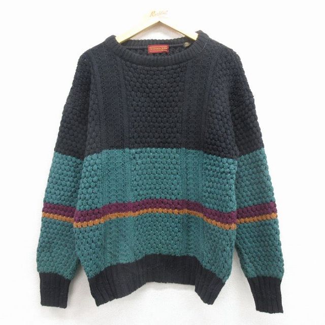 【20%OFF】L★古着 長袖 セーター メンズ 90年代 90s 手織り コットン クルーネック アイルランド製 黒 25dec03
