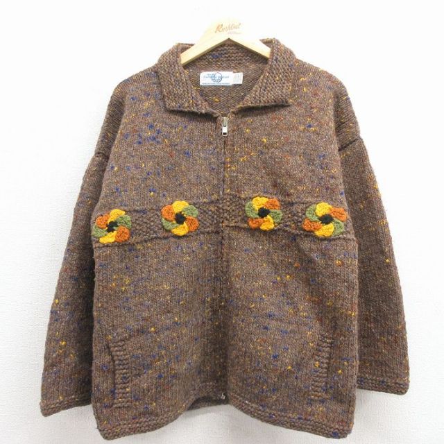 L★古着 長袖 ニット カーディガン メンズ 90年代 90s 花柄 手編み ウール エクアドル製 濃ベージュ【spe】 25dec03