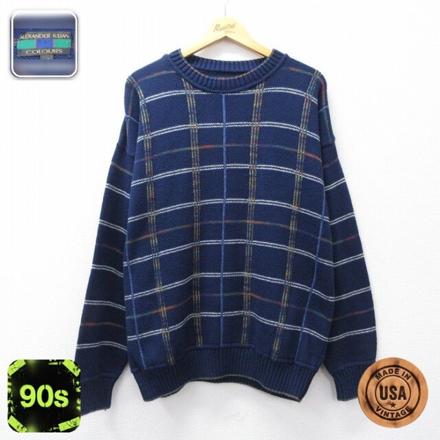 ラルフローレン 90s セーター ネイビーチェック XL | 古着