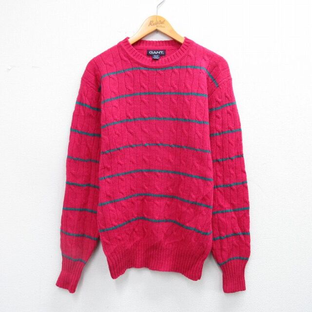 M★古着 GANT 長袖 ケーブル セーター メンズ 90年代 90s シェットランドウール クルーネック 濃ピンク他 ボーダー 25dec04